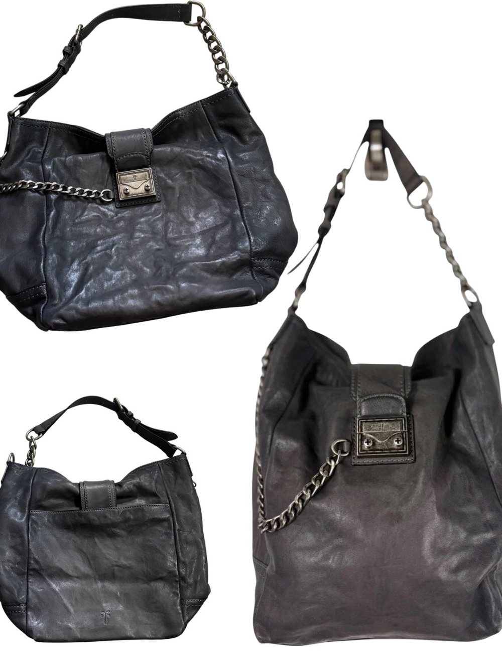 Frye Leather Ella Bucket Hobo Shoulder Bag Purse Pocketbook Carbon Grey Chain